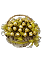 "Ferrero Rocher Chocolate Basket": Beautifully decorated basket overflowing with 48 Ferrero Rocher chocolates.