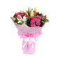 Hand-tied bouquet with pink tulips, green chrysanthemums, white lilies, and pink roses (Celebrate Every Moment Bouquet - giftshop.ae)