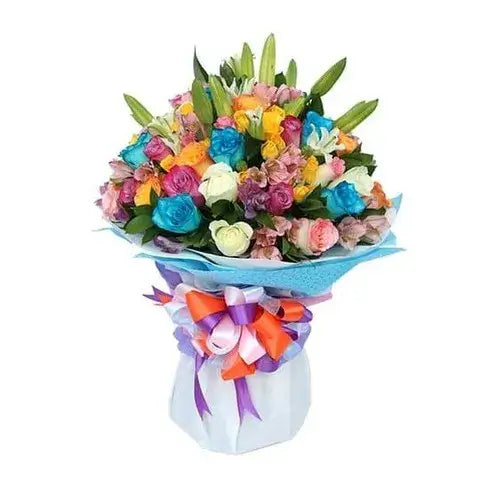 Bright and colorful flower bouquet with roses, lilies, and astromeria (giftshop.ae)