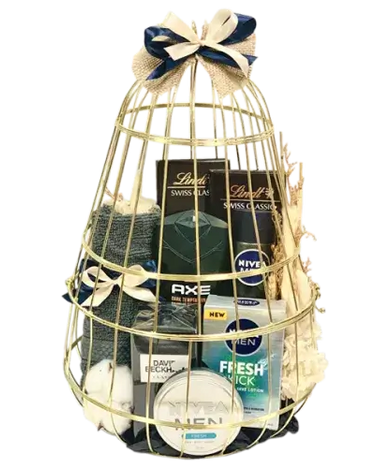  a beautifully wrapped Essential Men's Care Hamper with Nivea products, David Beckham cologne, chocolate bars, and a face towel
