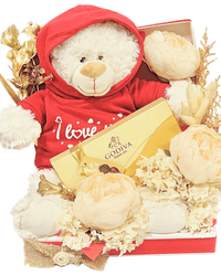 Godiva Chocolates, Teddy Bear and Dried Flowers