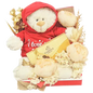 a romantic gift set featuring a box of Godiva chocolates, a soft teddy bear with an "I Love You" hoodie, and a beautiful arrangement of artificial gold flowers, cream peonies, and dried florals