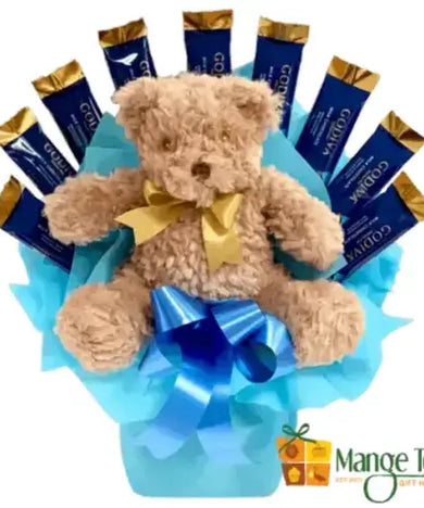  Godiva chocolate bouquet with 9 milk chocolate bars wrapped in a soft brown teddy bear.