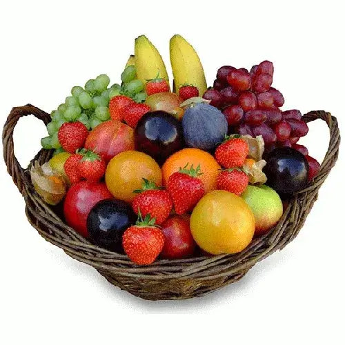 A photo of a large wicker gift basket overflowing with a colorful assortment of fresh seasonal fruits.