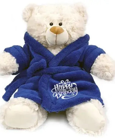  Cream-colored teddy bear wearing a blue or pink bathrobe with "Happy Birthday" embroidered (Birthday Teddy Bear Dubai - giftshop.ae)