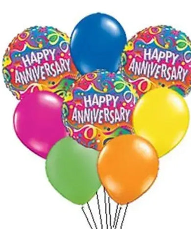 Happy Anniversary balloon bouquet with foil and latex balloons.