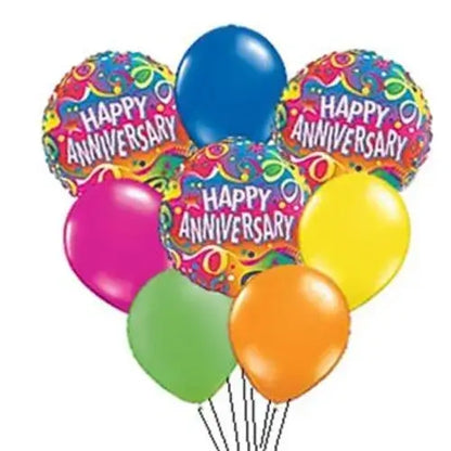 Happy Anniversary balloon bouquet with foil and latex balloons.