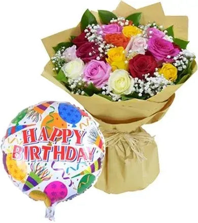 a vibrant bouquet of 12 mixed color roses arranged in a vase, accompanied by a Happy Birthday helium balloon, perfect for a birthday celebration
