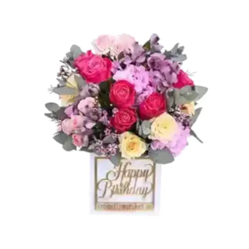 Birthday bouquet with roses, hydrangeas, and a vase (Birthday Flowers Dubai - giftshop.ae)