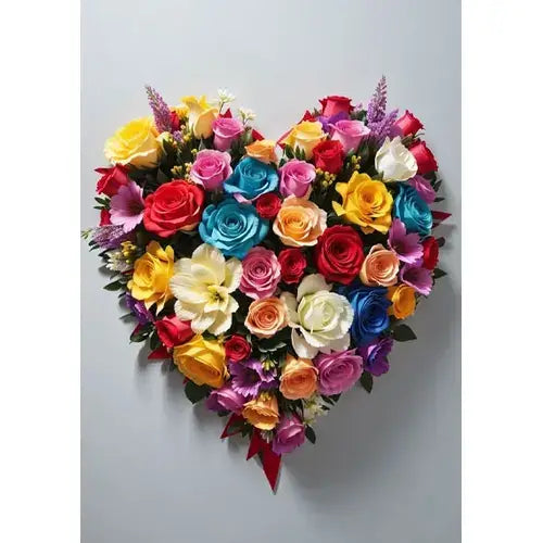 Heart-shaped arrangement of red, pink, and white roses (Heart-Shaped Rose Bouquet Dubai - giftshop.ae)