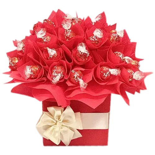 a beautiful hand-crafted bouquet made entirely of Lindt Lindor milk chocolates, perfect for a unique and delicious gift