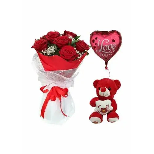 Gift basket with red roses, teddy bear, and balloon (Express Your Love: Red Roses, Teddy Bear & Balloon - giftshop.ae)