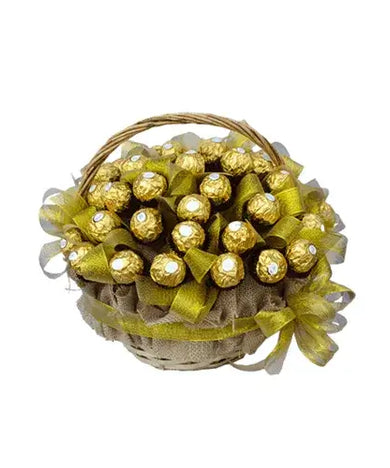 Basket overflowing with 48 Ferrero Rocher chocolates, decorated for gifting