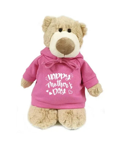 Pink Hooded Mascot Bear Holding Happy Mother's Day Message