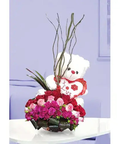 Red & pink roses with teddy bear gift