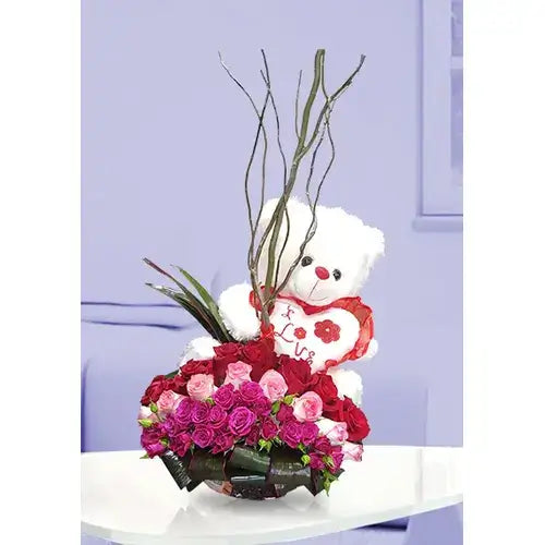 Red & pink roses with teddy bear gift