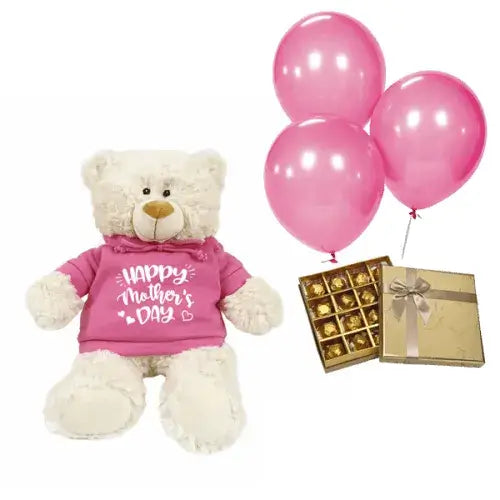 Gift basket with pink teddy bear, box of chocolates, and 3 pink helium balloons (Mother's Day Hamper Dubai - giftshop.ae)