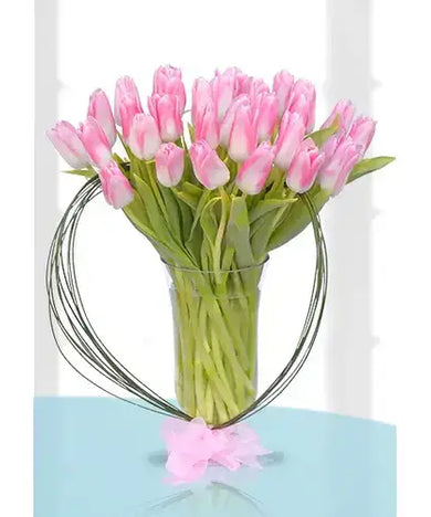 30 Pink Tulips in Vase - Romantic Flower Bouquet (Dubai Delivery)