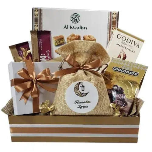 Ramadan Delights" Box: Gold-colored box adorned with ribbons, overflowing with dates, chocolates, Arabic sweets, and Simply Dates bars.