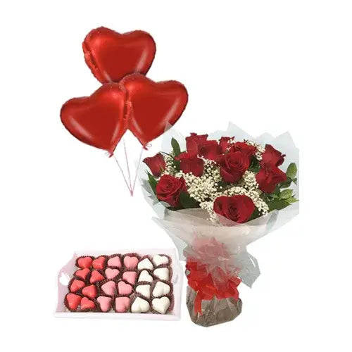 Celebrate Big: Hearty Love Combo (Roses, Chocolates, Balloons) - Dubai