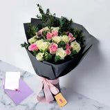 Elegant Delights: Pink & White Roses with Greeting Card