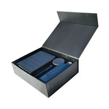 Black gift box containing a blue A5 notebook, metal pen, multi-cable set, and double-walled water bottle