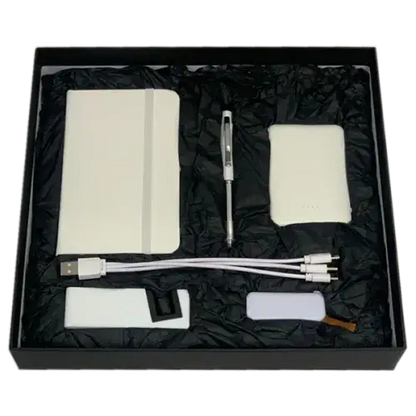 Black gift box containing white A6 notebook, metal pen with stylus and light, mini power bank, phone stand, and USB flash drive.