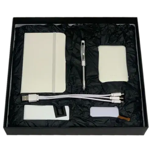 Black gift box containing white A6 notebook, metal pen with stylus and light, mini power bank, phone stand, and USB flash drive.