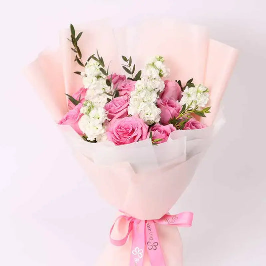 Blush & Bliss: Pink Roses & Stock Bouquet (giftshop.ae)