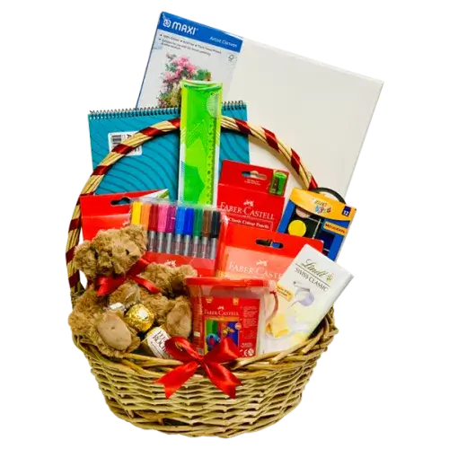  Art supplies, chocolates & teddy bear gift basket 