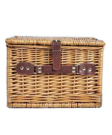 Winslow wicker picnic basket for two with plates, cutlery, glasses, salt & pepper shakers, and corkscrew