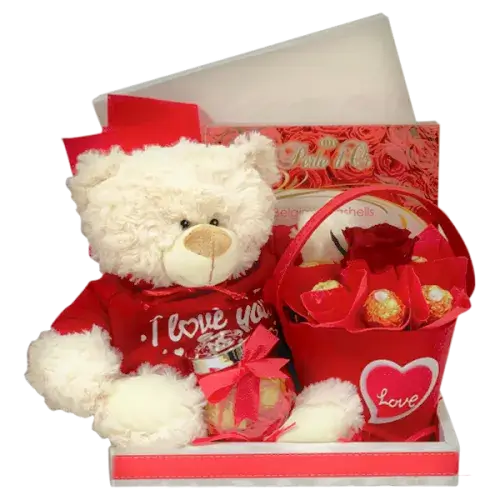 Valentine's Day chocolates, teddy bear & rose gift basket 