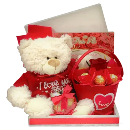 Valentine's Day chocolates, teddy bear & rose gift basket 