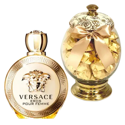  Photo of a gift box containing a bottle of Versace Eros perfume and a vase of Belgian chocolates