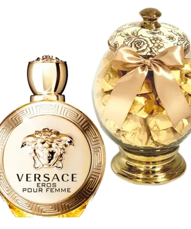  Photo of a gift box containing a bottle of Versace Eros perfume and a vase of Belgian chocolates