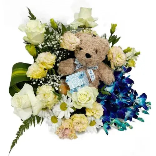  Baby gift basket with blue and white flowers, baby boy foil balloon, and soft toy (Baby Boy Gift Set Dubai - giftshop.ae).