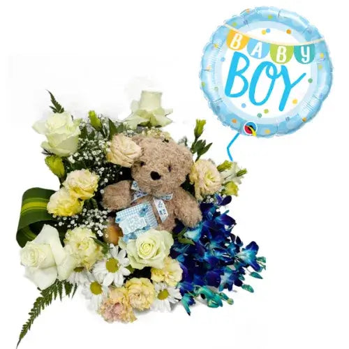  Baby gift basket with blue and white flowers, baby boy foil balloon, and soft toy (Baby Boy Gift Set Dubai - giftshop.ae).