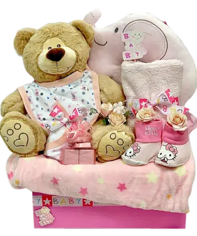 Photo of a gift set with baby essentials (blanket, towel, bib, romper, pillow) in pink, blue, or neutral colors, a soft toy, chocolates, and decorative stickers