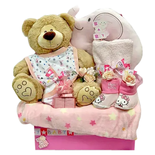 Photo of a gift set with baby essentials (blanket, towel, bib, romper, pillow) in pink, blue, or neutral colors, a soft toy, chocolates, and decorative stickers