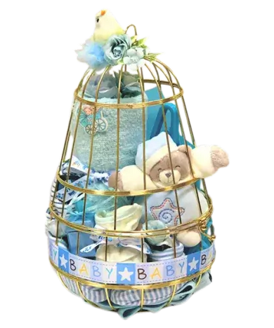 Photo of a decorative basket filled with baby essentials (blanket, towel, bonnet, booties, romper, hanger) and a soft toy.