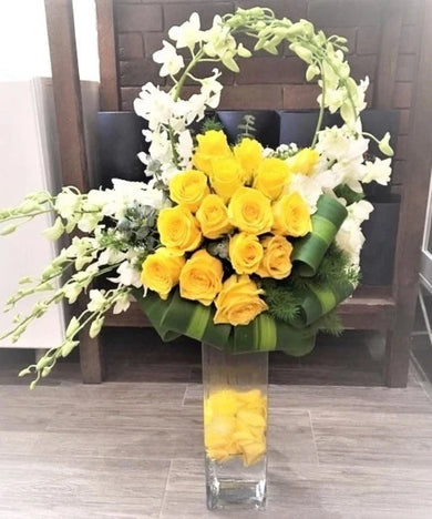 Yellow Roses & White Orchids Bouquet