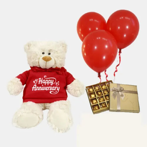 Happy Anniversary Teddy with Belgian Chocolates & Red Balloons for Wife in UAE