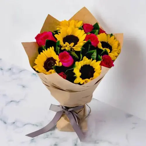 Sunflower and dark pink rose bouquet with ribbon, thank you gift. Dubai flower delivery (UAE)