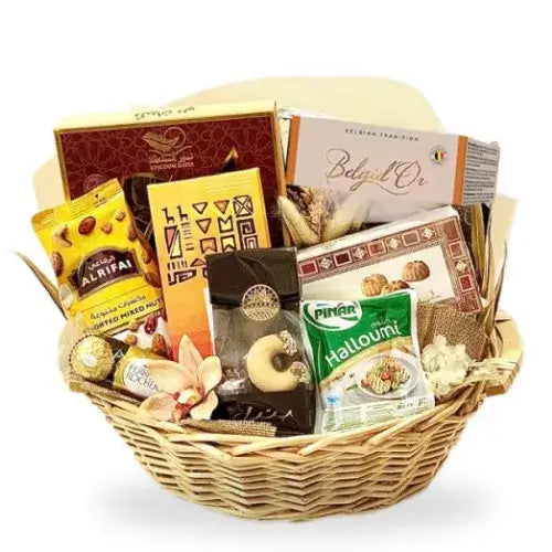 Arabian gourmet gift basket in UAE with premium dates, chocolates, and nuts.