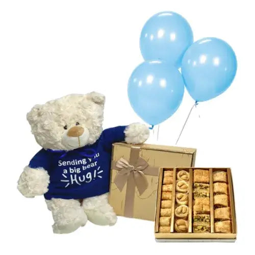 Arabic sweets gift set with a teddy bear in a blue hoodie and balloons