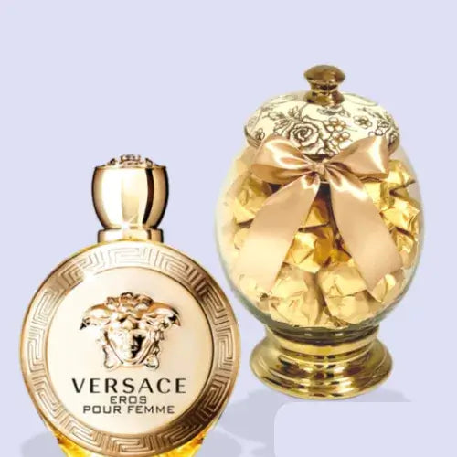 Versace Eros perfume and Belgian chocolate gift vase, elegantly wrapped, available in Dubai, UAE from Giftshop.ae