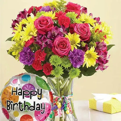 Birthday bouquet with pink roses, carnations, alstroemerias, daisies & balloon. Dubai flower delivery (UAE).