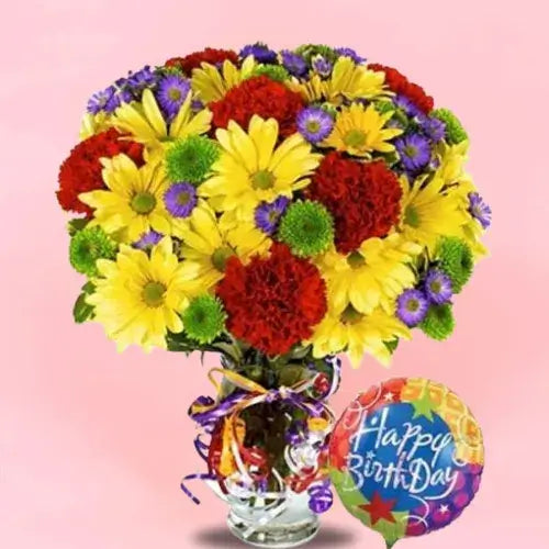 Birthday flower bouquet with colorful balloon in UAE – available at Giftshop.ae