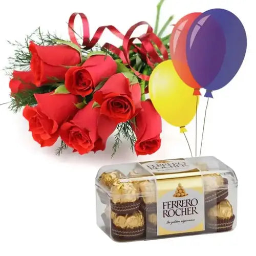 Birthday gift set Dubai, UAE with flowers, chocolates, and balloons