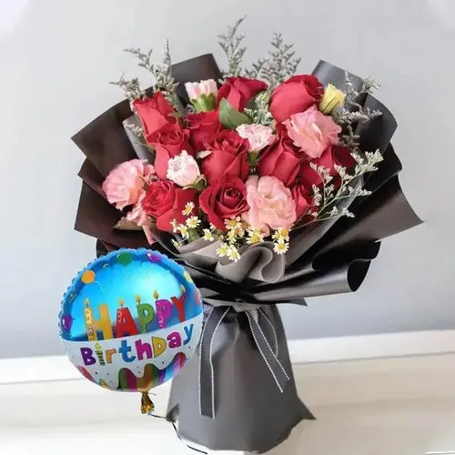 Birthday bouquet with red roses, pink carnations, balloon & gift wrap. Dubai flower delivery (UAE).